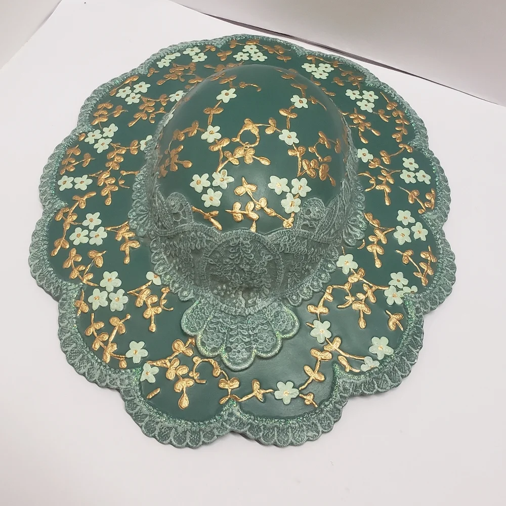 Ceramic Hand Painted Green & Gold Floral Ladies Hat Wall Hanging Artist Signed